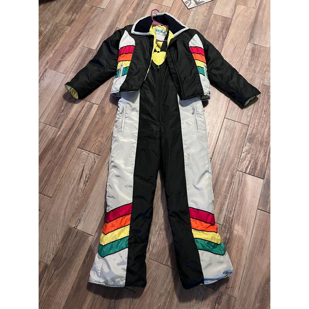 John Deere Rainbow Vtg 1970s Insulated 2 Piece Snowmobile Ski Overalls & Jacket